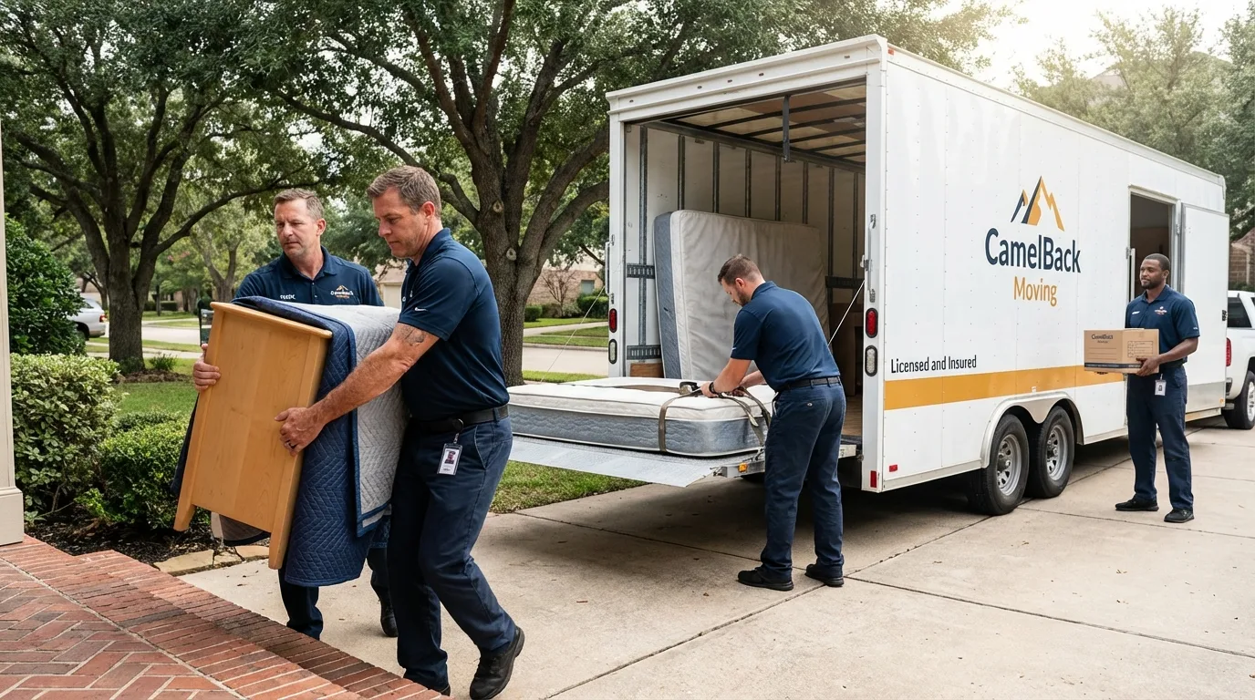 Crew loading residential truck for cross-state move from Deweyville, TX