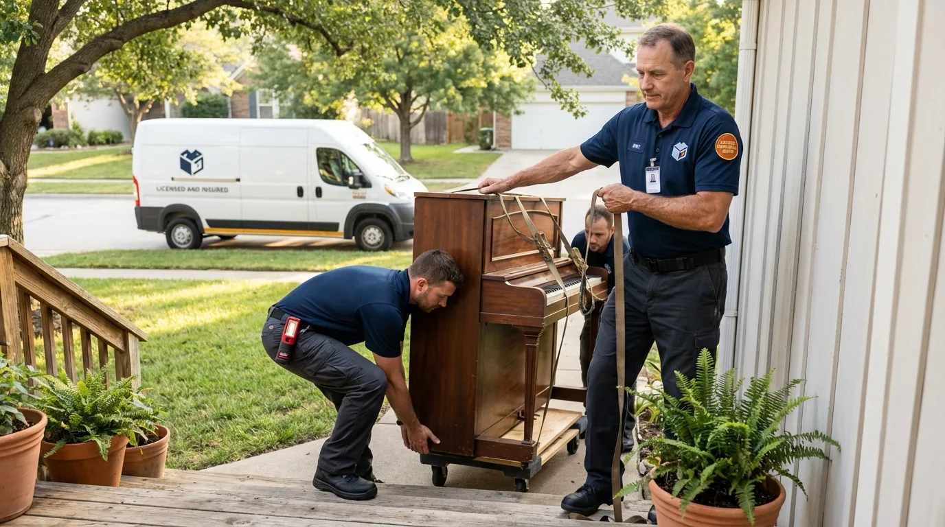 Licensed piano movers securing grand piano in Deweyville, TX