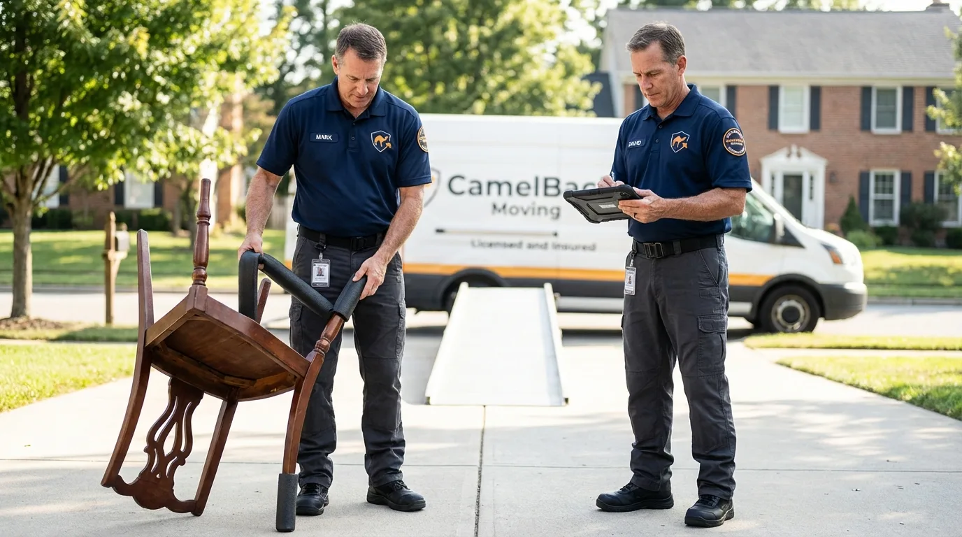 Movers inspecting furniture for damage prevention before loading in Deweyville, TX