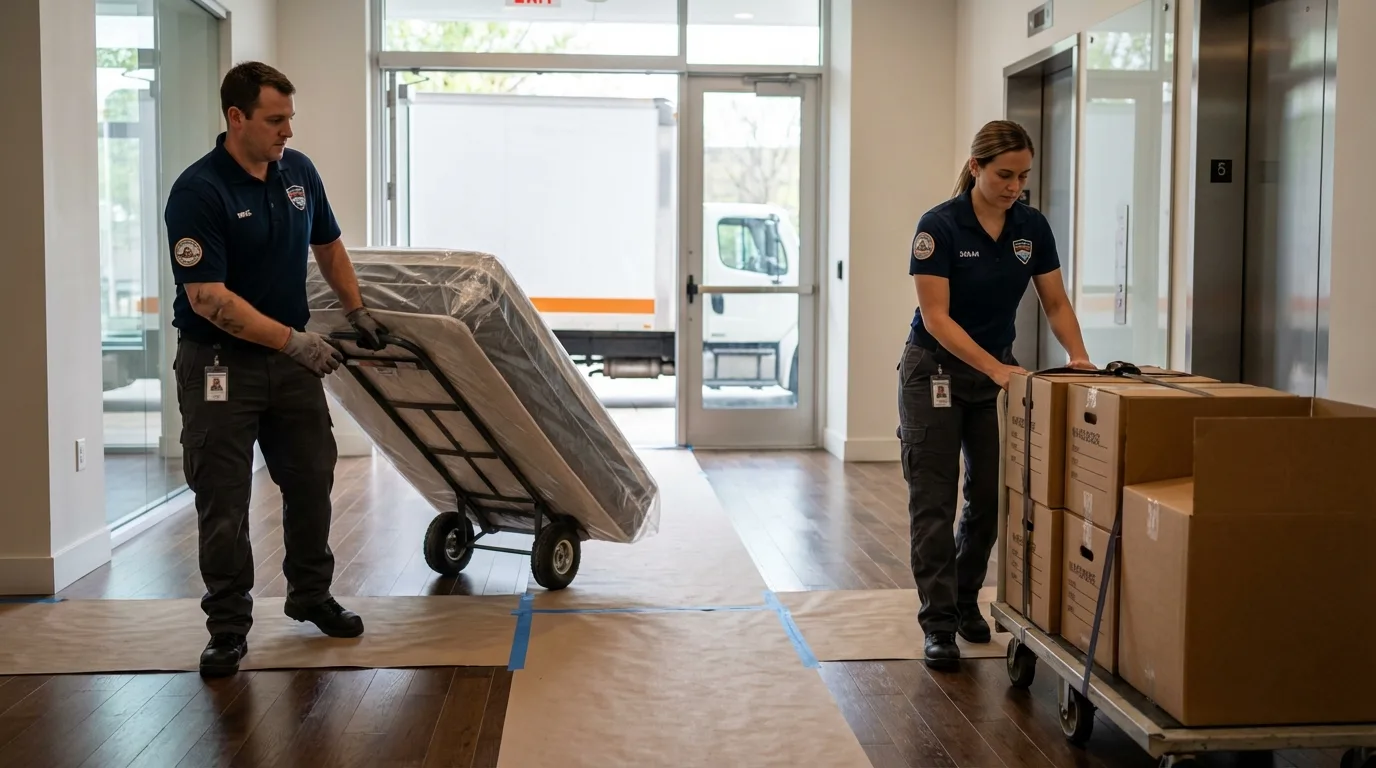 Professional apartment movers loading elevator in Deweyville, TX